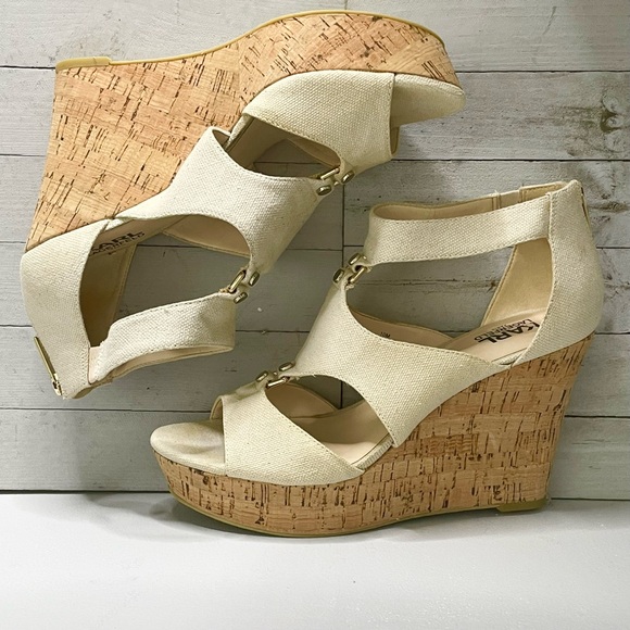 KARL LAGERFELD Savoie Canvas Cork Wedge Heel Open Toe Sandals - Picture 5 of 10